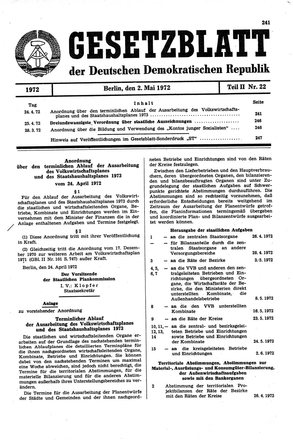 Gesetzblatt (GBl.) der Deutschen Demokratischen Republik (DDR) Teil ⅠⅠ 1972, Seite 241 (GBl. DDR ⅠⅠ 1972, S. 241)