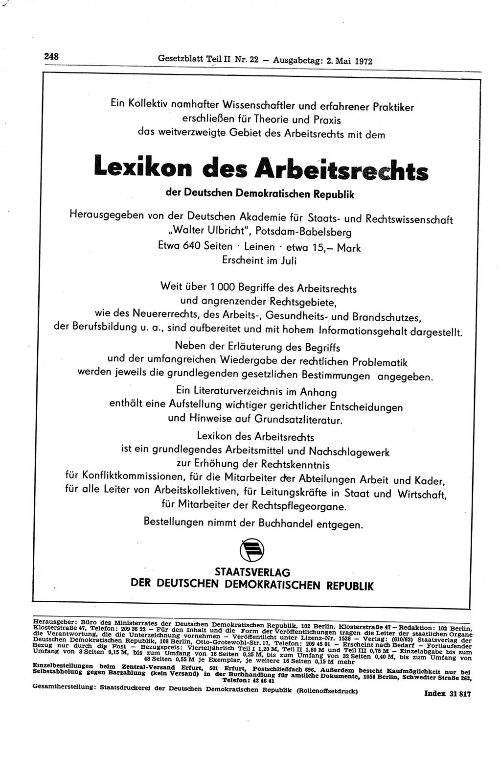 Gesetzblatt (GBl.) der Deutschen Demokratischen Republik (DDR) Teil ⅠⅠ 1972, Seite 248 (GBl. DDR ⅠⅠ 1972, S. 248)