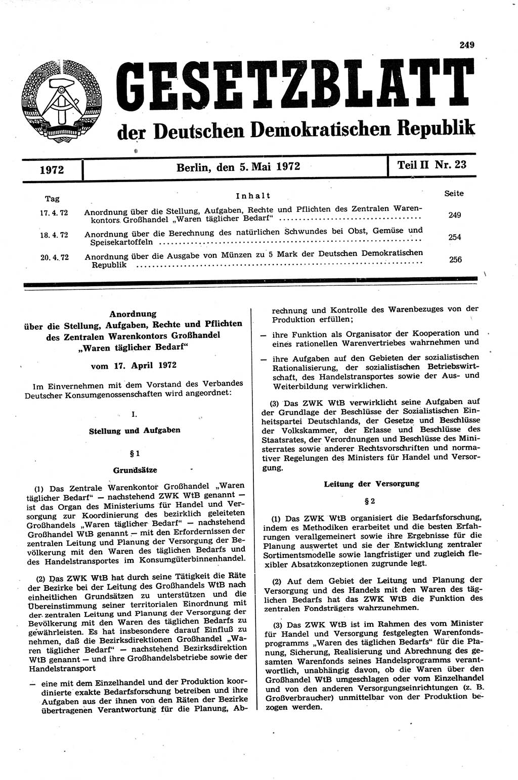 Gesetzblatt (GBl.) der Deutschen Demokratischen Republik (DDR) Teil ⅠⅠ 1972, Seite 249 (GBl. DDR ⅠⅠ 1972, S. 249)