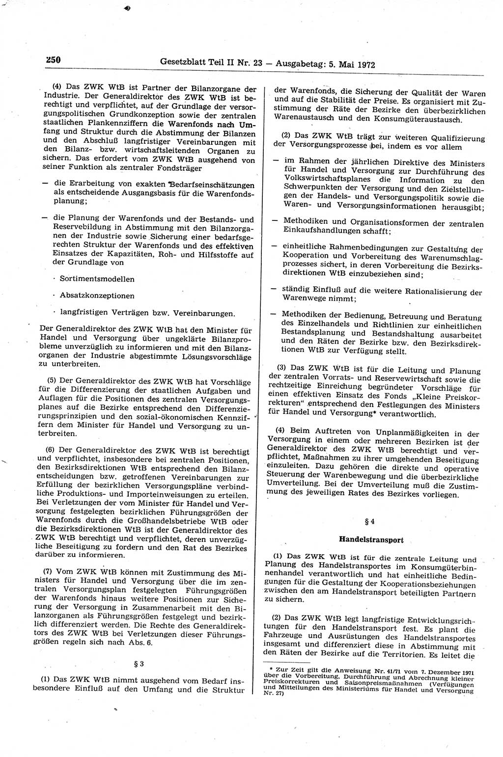 Gesetzblatt (GBl.) der Deutschen Demokratischen Republik (DDR) Teil ⅠⅠ 1972, Seite 250 (GBl. DDR ⅠⅠ 1972, S. 250)