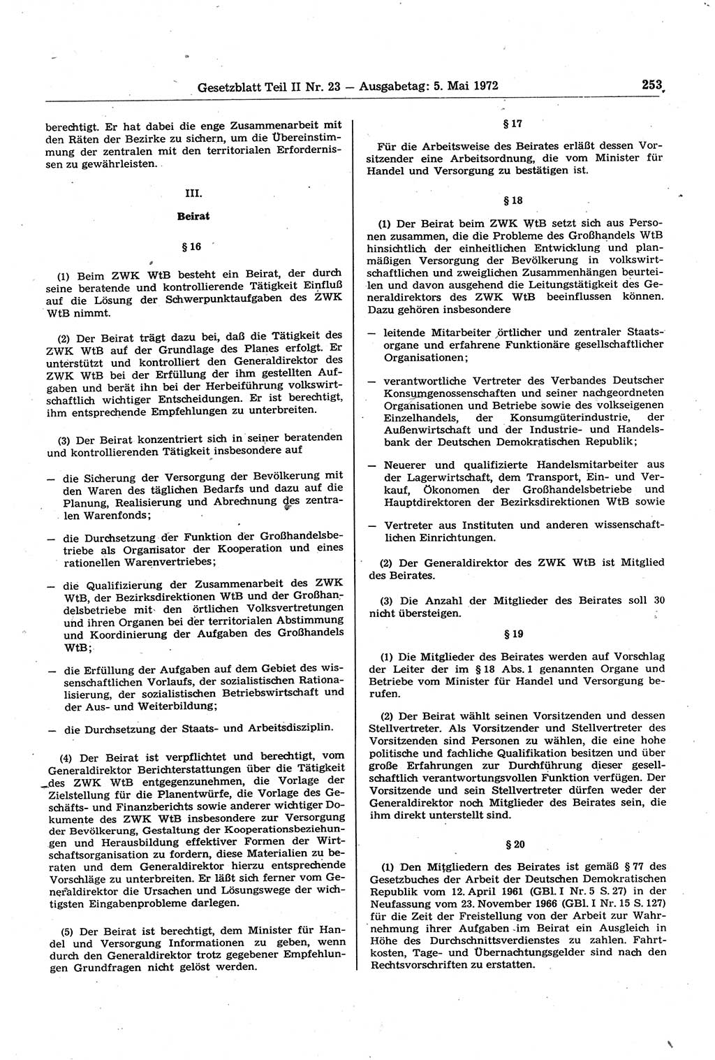 Gesetzblatt (GBl.) der Deutschen Demokratischen Republik (DDR) Teil ⅠⅠ 1972, Seite 253 (GBl. DDR ⅠⅠ 1972, S. 253)