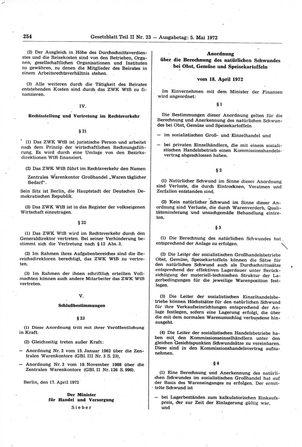 Gesetzblatt (GBl.) der Deutschen Demokratischen Republik (DDR) Teil ⅠⅠ 1972, Seite 254 (GBl. DDR ⅠⅠ 1972, S. 254)
