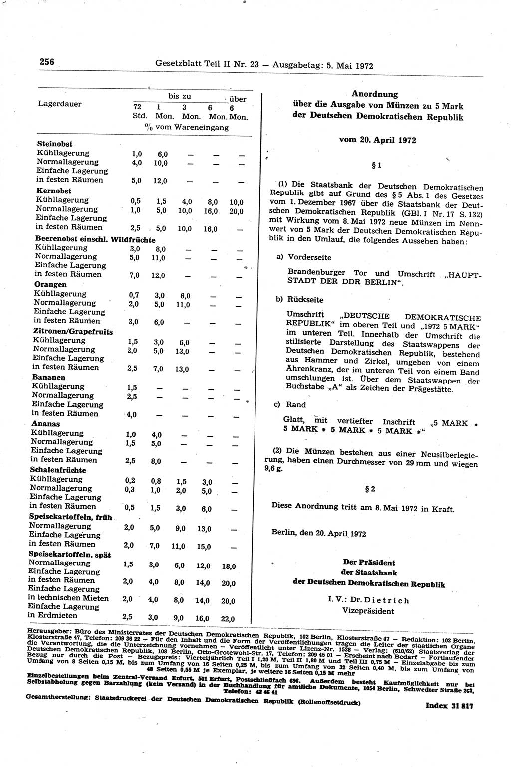 Gesetzblatt (GBl.) der Deutschen Demokratischen Republik (DDR) Teil ⅠⅠ 1972, Seite 256 (GBl. DDR ⅠⅠ 1972, S. 256)
