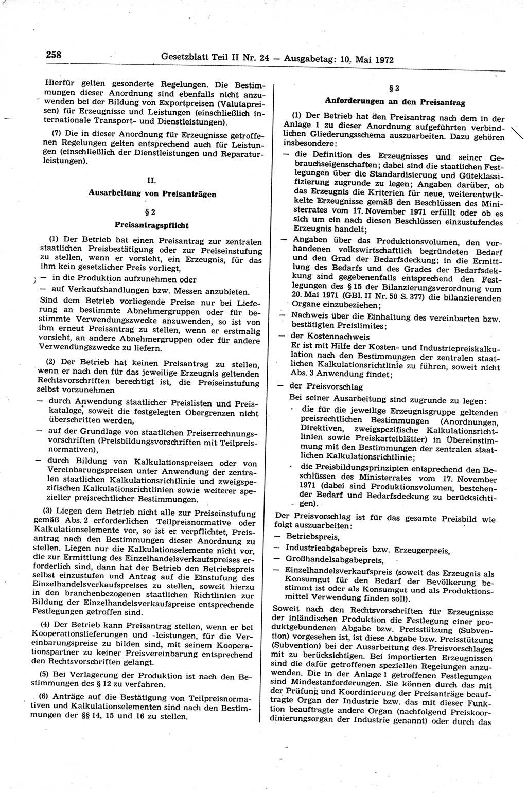 Gesetzblatt (GBl.) der Deutschen Demokratischen Republik (DDR) Teil ⅠⅠ 1972, Seite 258 (GBl. DDR ⅠⅠ 1972, S. 258)