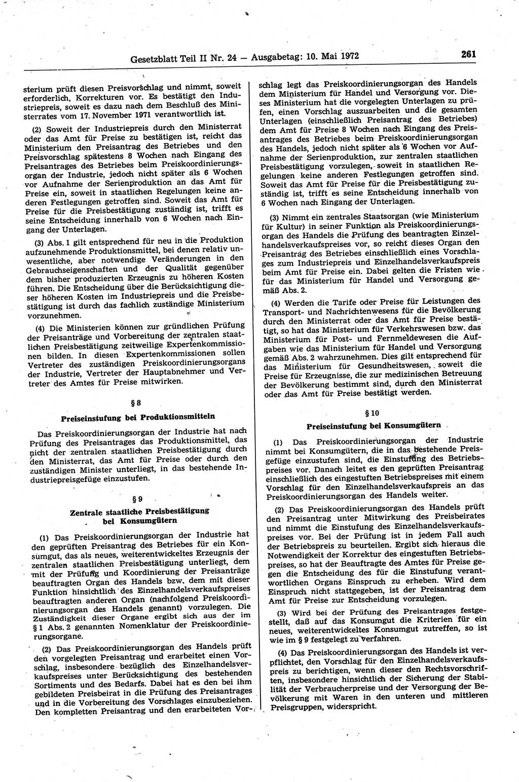 Gesetzblatt (GBl.) der Deutschen Demokratischen Republik (DDR) Teil ⅠⅠ 1972, Seite 261 (GBl. DDR ⅠⅠ 1972, S. 261)