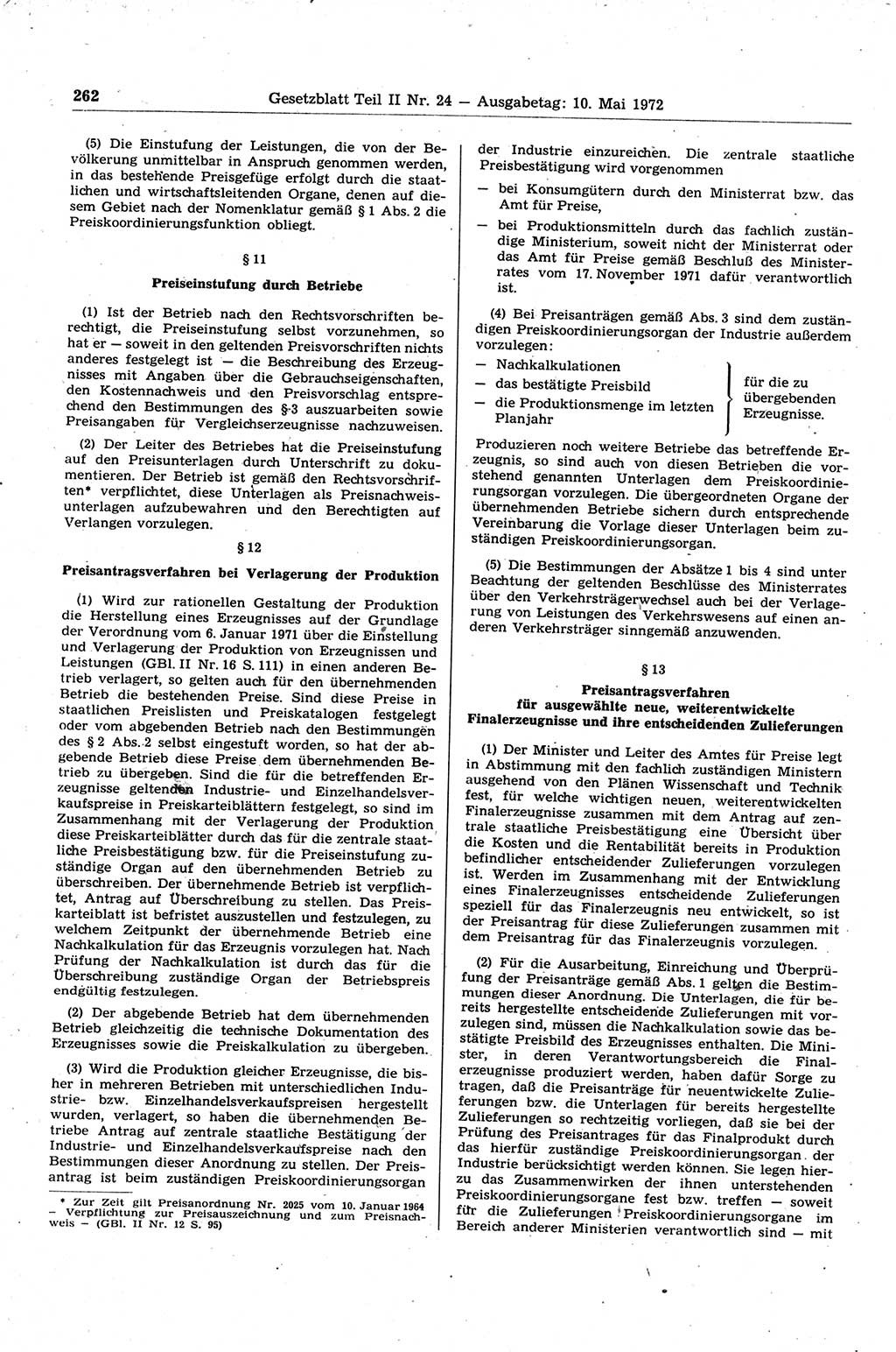Gesetzblatt (GBl.) der Deutschen Demokratischen Republik (DDR) Teil ⅠⅠ 1972, Seite 262 (GBl. DDR ⅠⅠ 1972, S. 262)