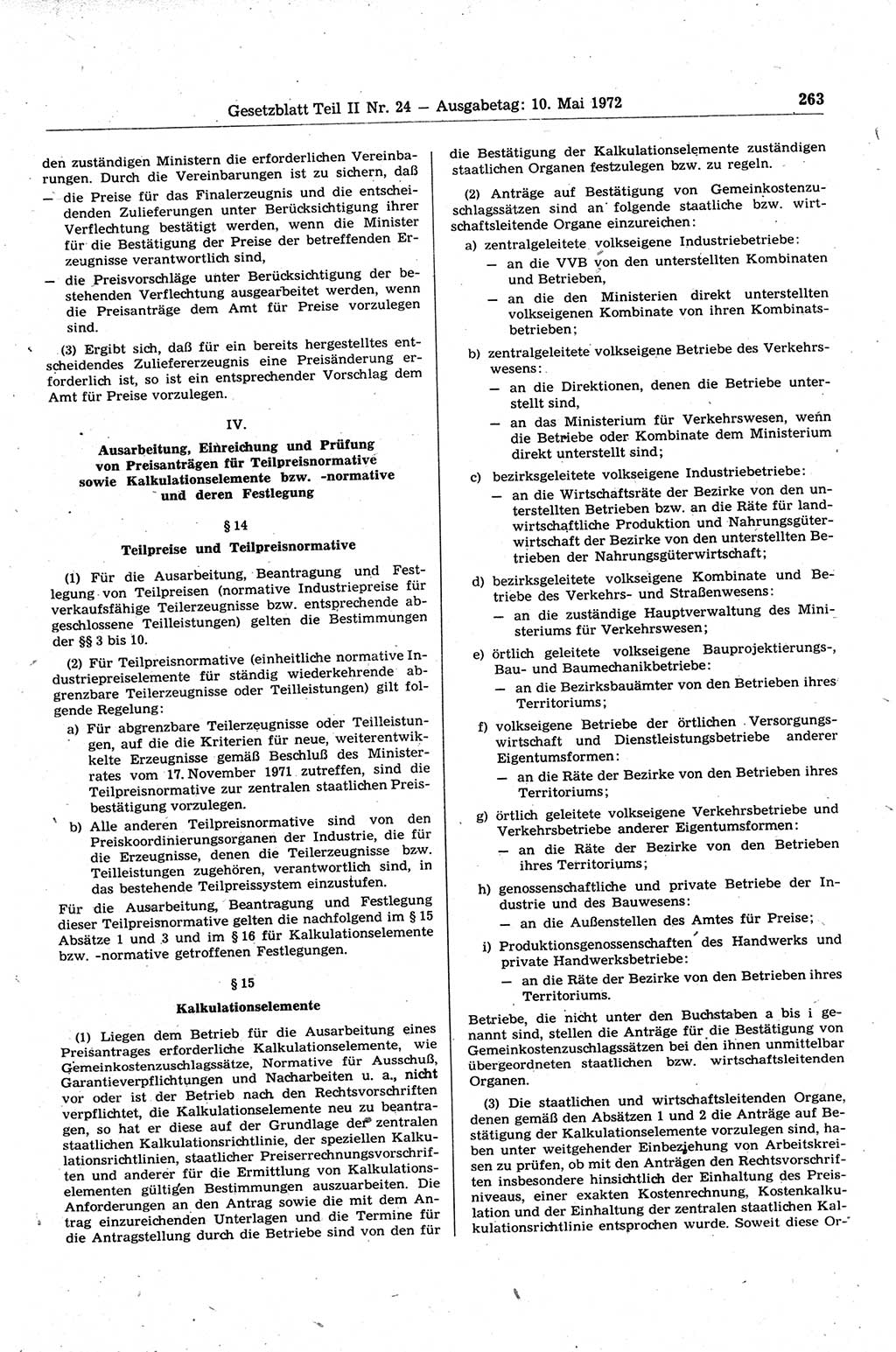 Gesetzblatt (GBl.) der Deutschen Demokratischen Republik (DDR) Teil ⅠⅠ 1972, Seite 263 (GBl. DDR ⅠⅠ 1972, S. 263)