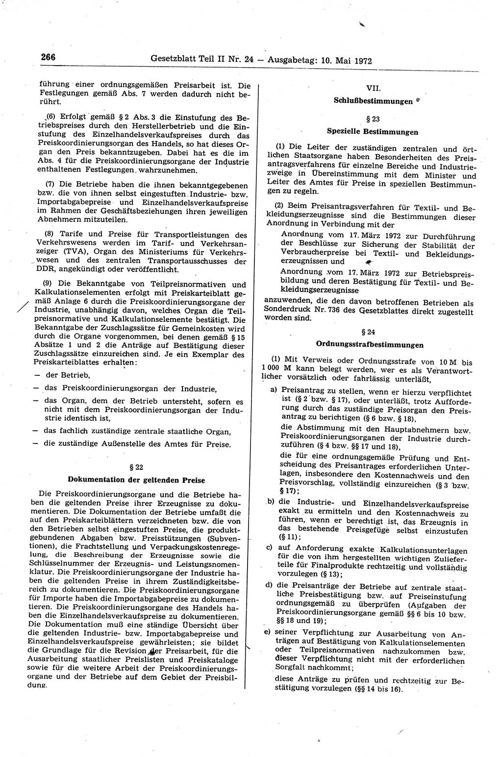 Gesetzblatt (GBl.) der Deutschen Demokratischen Republik (DDR) Teil ⅠⅠ 1972, Seite 266 (GBl. DDR ⅠⅠ 1972, S. 266)