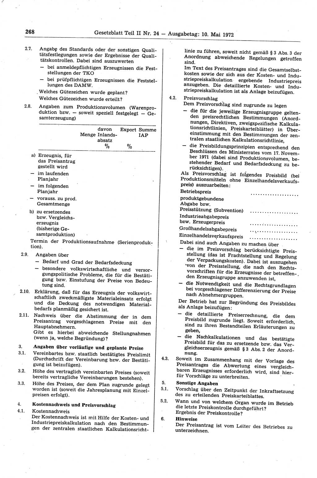 Gesetzblatt (GBl.) der Deutschen Demokratischen Republik (DDR) Teil ⅠⅠ 1972, Seite 268 (GBl. DDR ⅠⅠ 1972, S. 268)