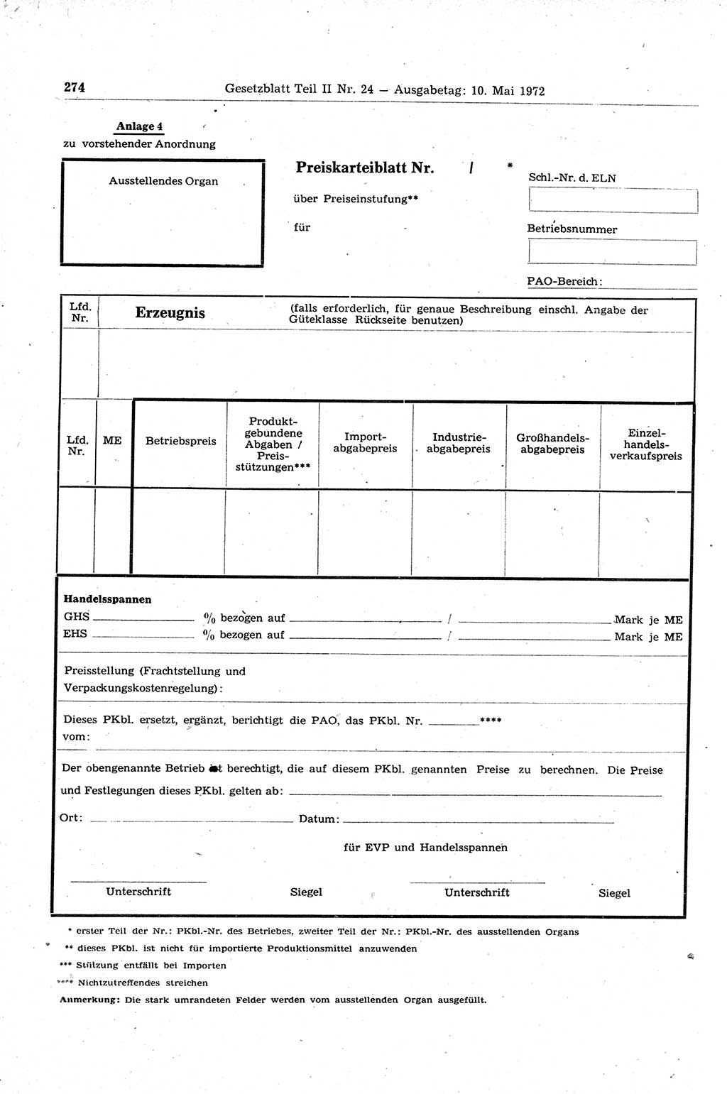 Gesetzblatt (GBl.) der Deutschen Demokratischen Republik (DDR) Teil ⅠⅠ 1972, Seite 274 (GBl. DDR ⅠⅠ 1972, S. 274)