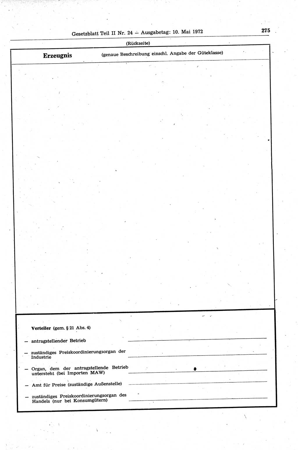 Gesetzblatt (GBl.) der Deutschen Demokratischen Republik (DDR) Teil ⅠⅠ 1972, Seite 275 (GBl. DDR ⅠⅠ 1972, S. 275)
