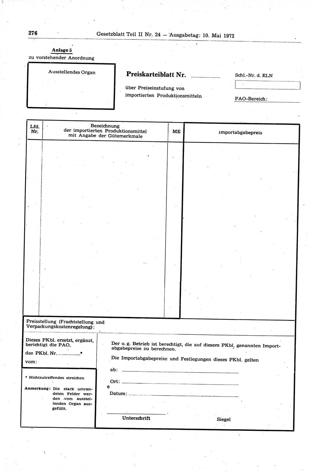 Gesetzblatt (GBl.) der Deutschen Demokratischen Republik (DDR) Teil ⅠⅠ 1972, Seite 276 (GBl. DDR ⅠⅠ 1972, S. 276)