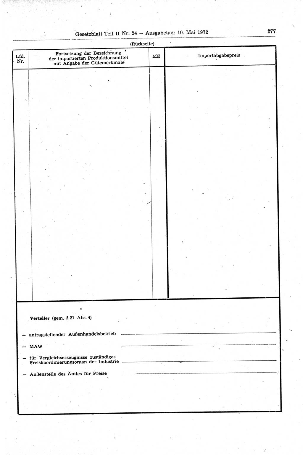 Gesetzblatt (GBl.) der Deutschen Demokratischen Republik (DDR) Teil ⅠⅠ 1972, Seite 277 (GBl. DDR ⅠⅠ 1972, S. 277)