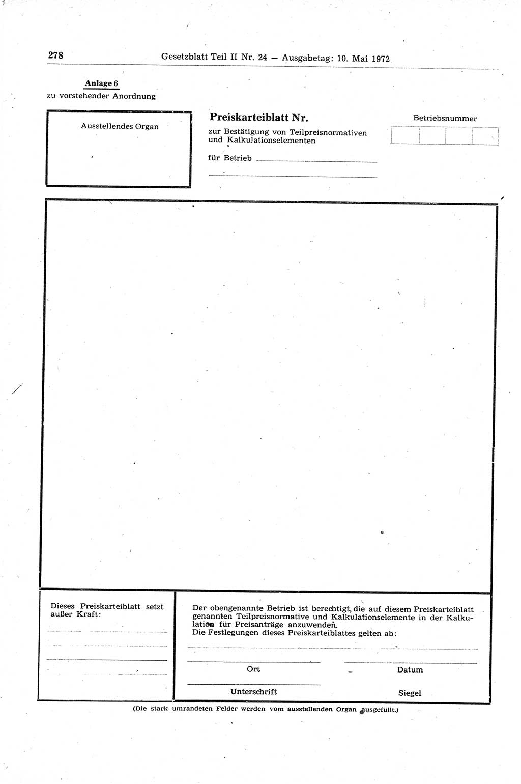 Gesetzblatt (GBl.) der Deutschen Demokratischen Republik (DDR) Teil ⅠⅠ 1972, Seite 278 (GBl. DDR ⅠⅠ 1972, S. 278)