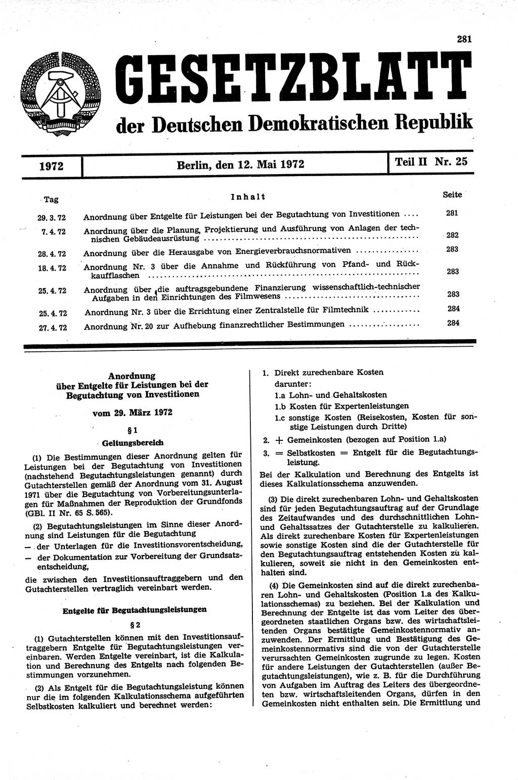 Gesetzblatt (GBl.) der Deutschen Demokratischen Republik (DDR) Teil ⅠⅠ 1972, Seite 281 (GBl. DDR ⅠⅠ 1972, S. 281)