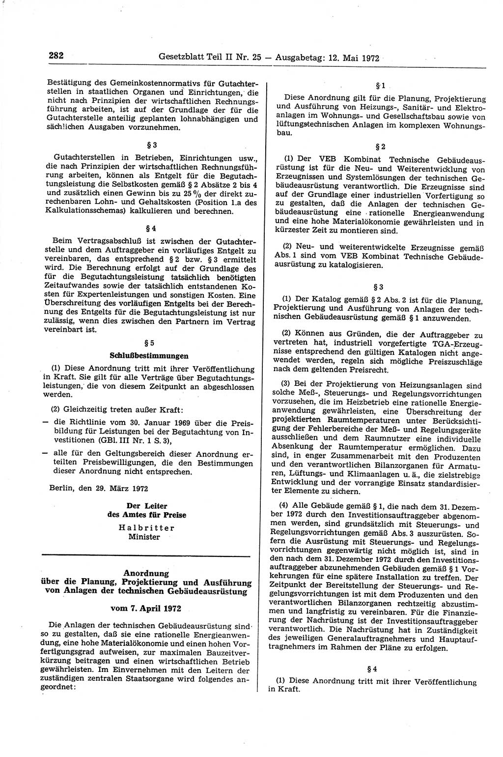 Gesetzblatt (GBl.) der Deutschen Demokratischen Republik (DDR) Teil ⅠⅠ 1972, Seite 282 (GBl. DDR ⅠⅠ 1972, S. 282)