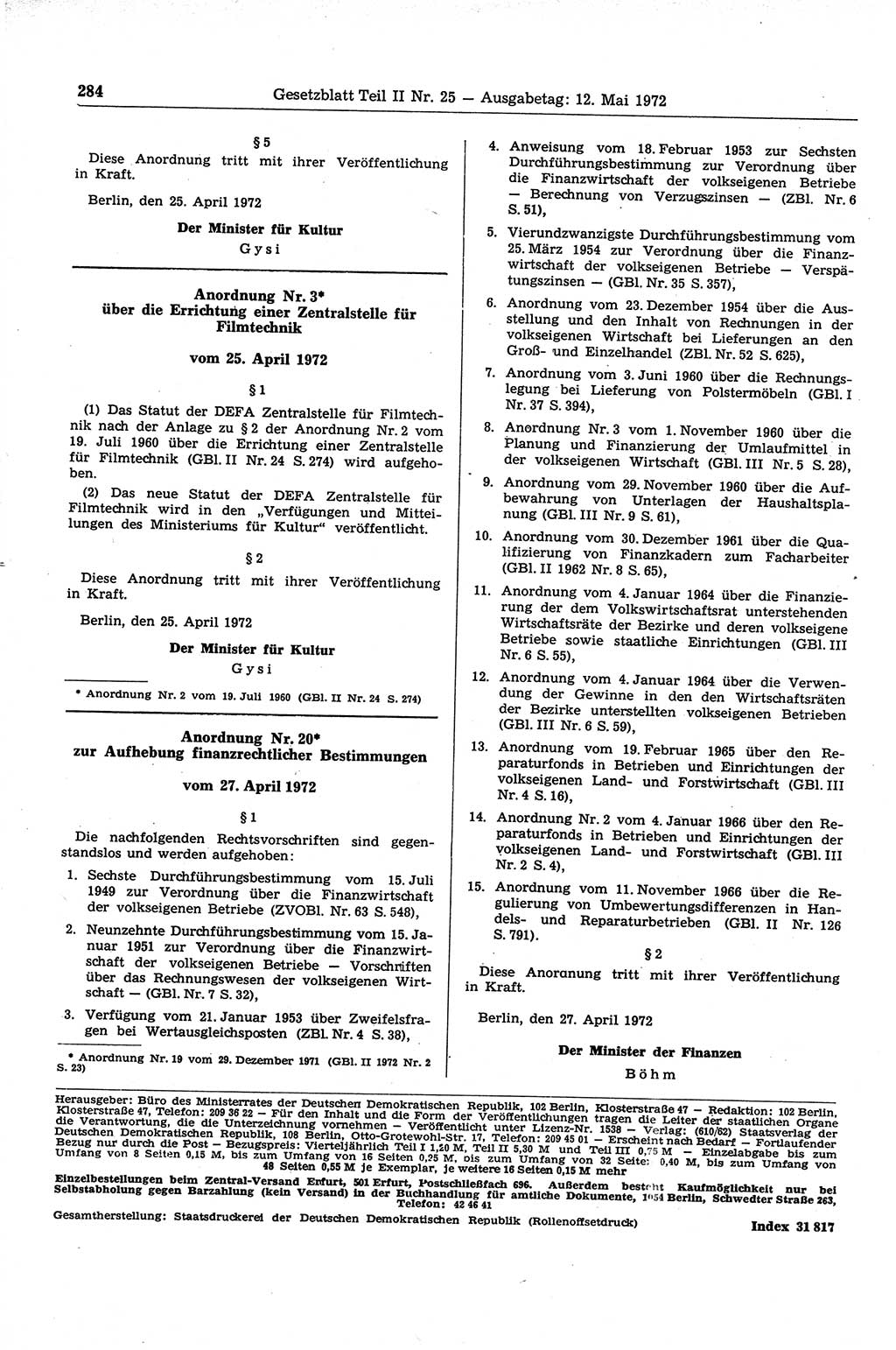 Gesetzblatt (GBl.) der Deutschen Demokratischen Republik (DDR) Teil ⅠⅠ 1972, Seite 284 (GBl. DDR ⅠⅠ 1972, S. 284)