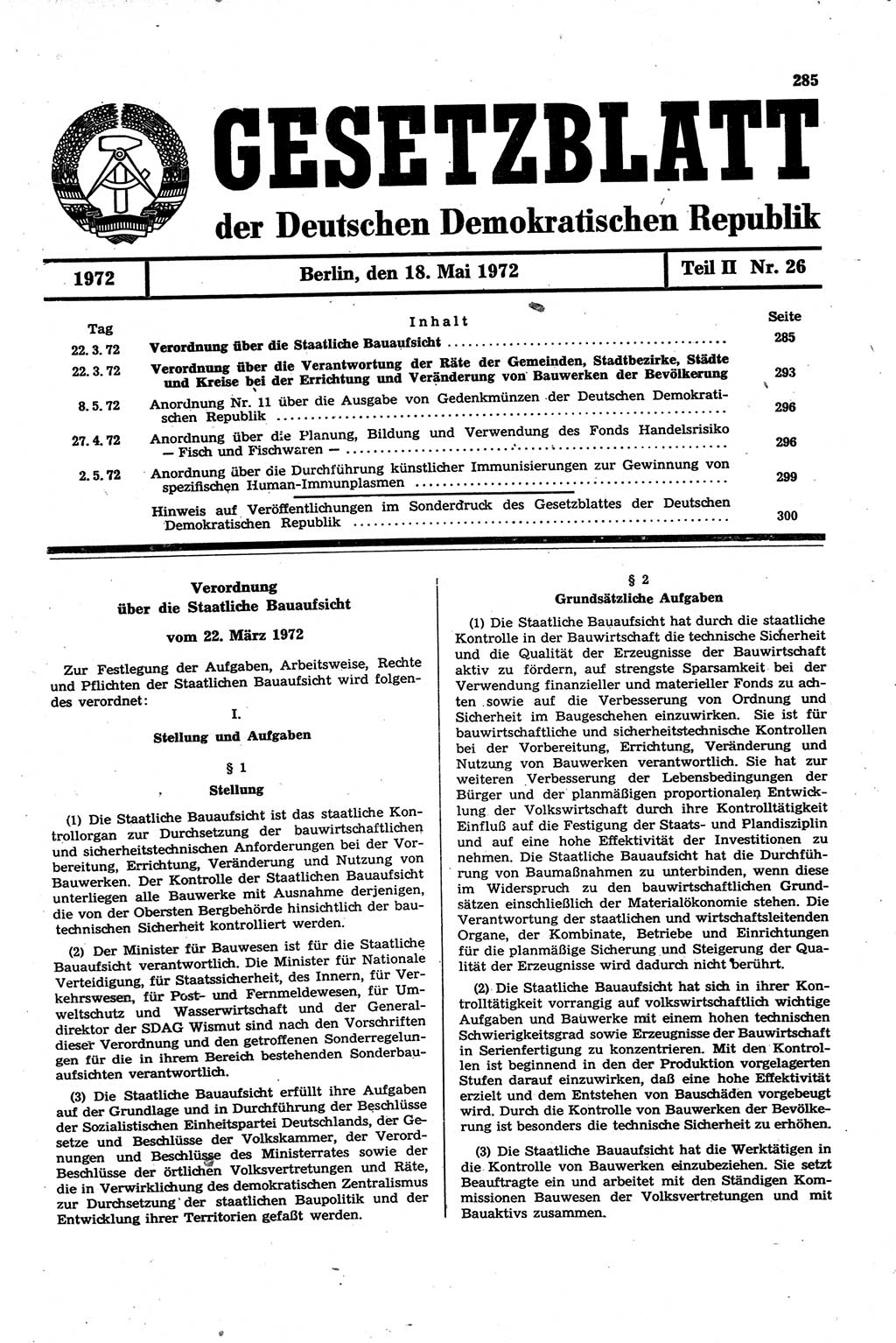 Gesetzblatt (GBl.) der Deutschen Demokratischen Republik (DDR) Teil ⅠⅠ 1972, Seite 285 (GBl. DDR ⅠⅠ 1972, S. 285)