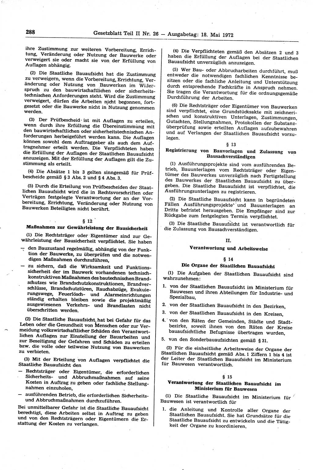 Gesetzblatt (GBl.) der Deutschen Demokratischen Republik (DDR) Teil ⅠⅠ 1972, Seite 288 (GBl. DDR ⅠⅠ 1972, S. 288)
