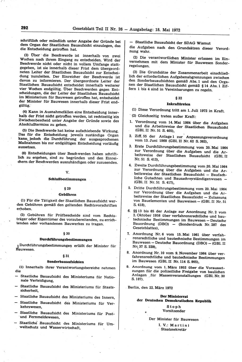Gesetzblatt (GBl.) der Deutschen Demokratischen Republik (DDR) Teil ⅠⅠ 1972, Seite 292 (GBl. DDR ⅠⅠ 1972, S. 292)