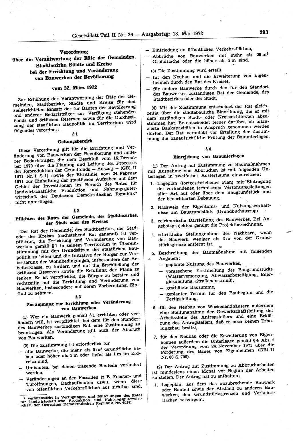 Gesetzblatt (GBl.) der Deutschen Demokratischen Republik (DDR) Teil ⅠⅠ 1972, Seite 293 (GBl. DDR ⅠⅠ 1972, S. 293)