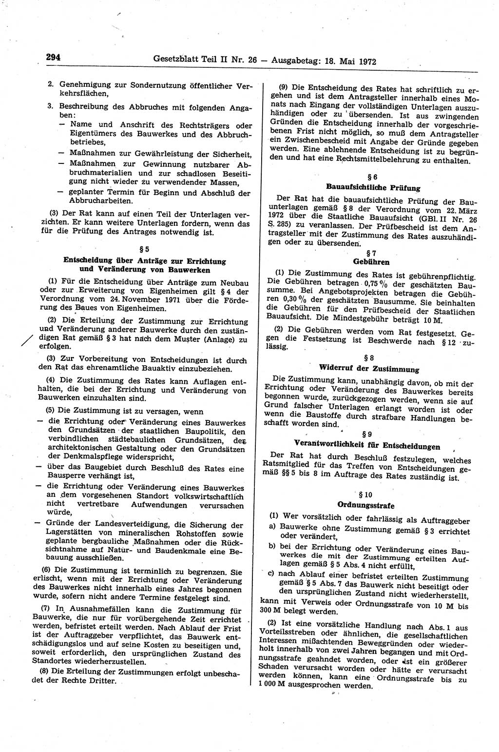 Gesetzblatt (GBl.) der Deutschen Demokratischen Republik (DDR) Teil ⅠⅠ 1972, Seite 294 (GBl. DDR ⅠⅠ 1972, S. 294)