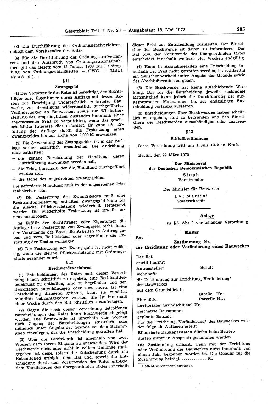 Gesetzblatt (GBl.) der Deutschen Demokratischen Republik (DDR) Teil ⅠⅠ 1972, Seite 295 (GBl. DDR ⅠⅠ 1972, S. 295)