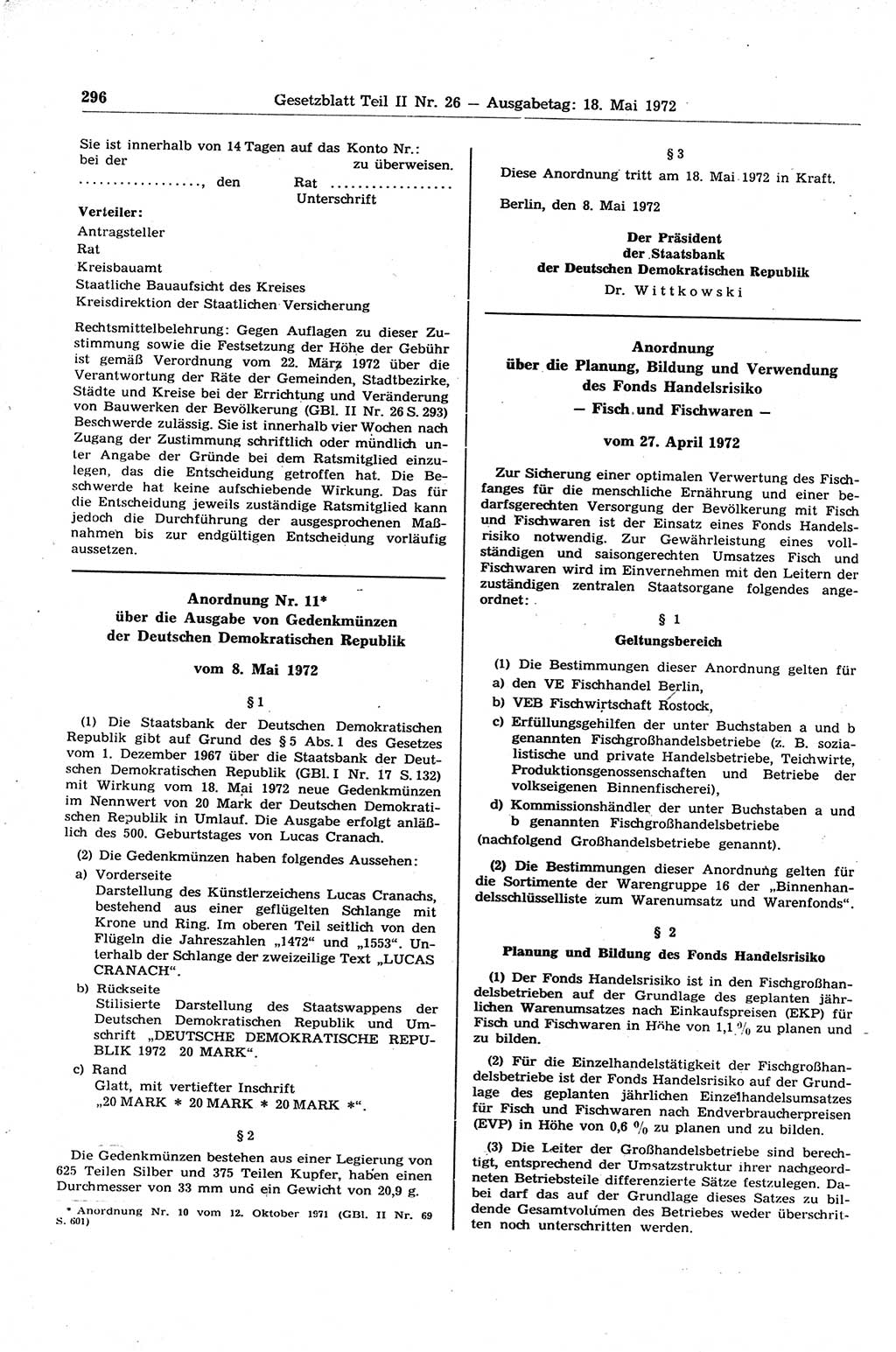 Gesetzblatt (GBl.) der Deutschen Demokratischen Republik (DDR) Teil ⅠⅠ 1972, Seite 296 (GBl. DDR ⅠⅠ 1972, S. 296)