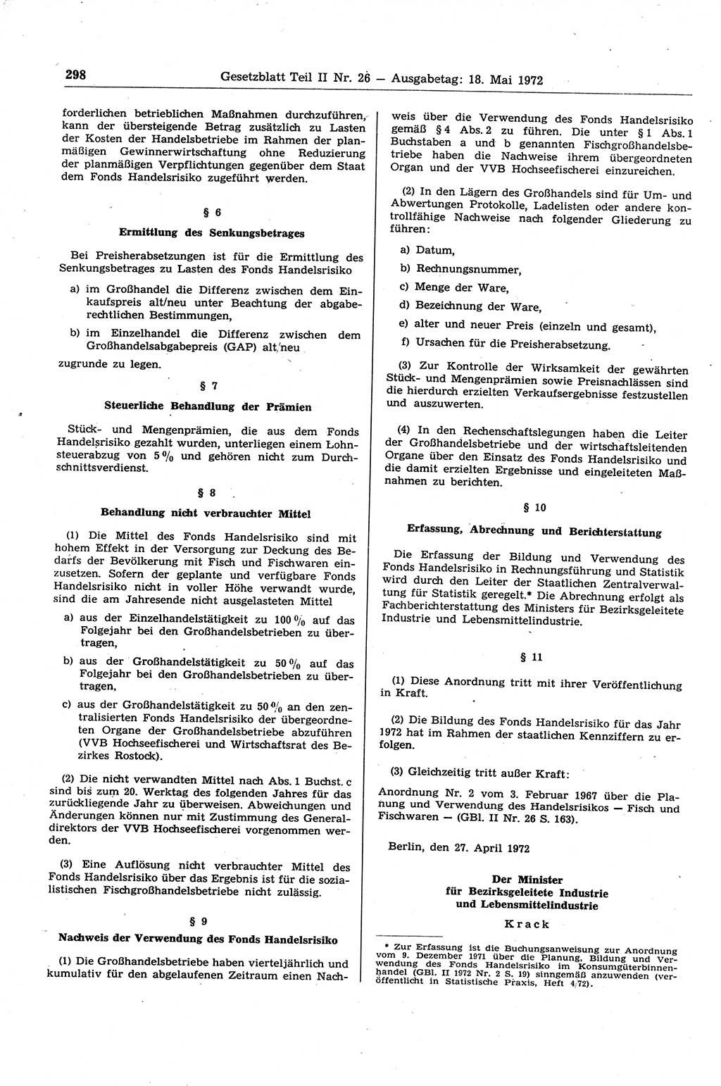 Gesetzblatt (GBl.) der Deutschen Demokratischen Republik (DDR) Teil ⅠⅠ 1972, Seite 298 (GBl. DDR ⅠⅠ 1972, S. 298)