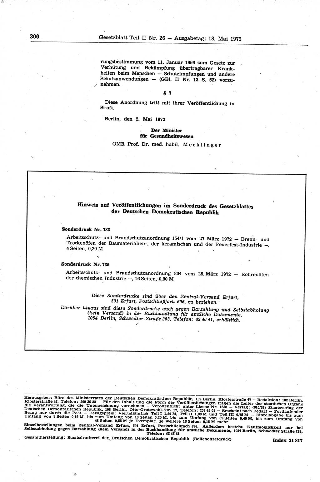 Gesetzblatt (GBl.) der Deutschen Demokratischen Republik (DDR) Teil ⅠⅠ 1972, Seite 300 (GBl. DDR ⅠⅠ 1972, S. 300)