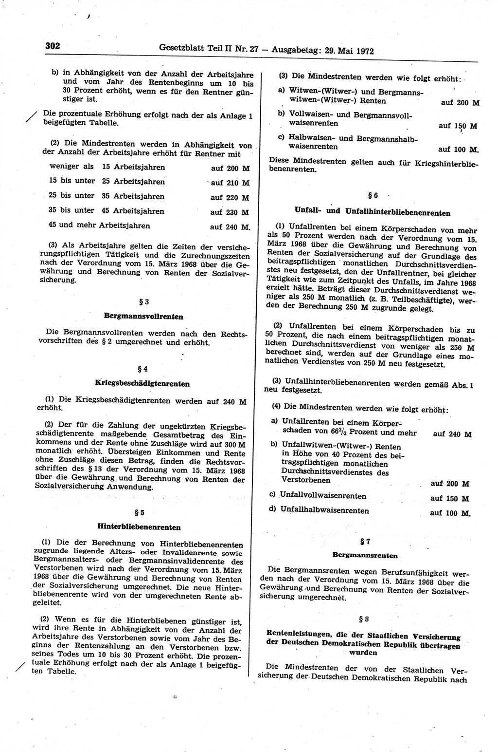 Gesetzblatt (GBl.) der Deutschen Demokratischen Republik (DDR) Teil ⅠⅠ 1972, Seite 302 (GBl. DDR ⅠⅠ 1972, S. 302)