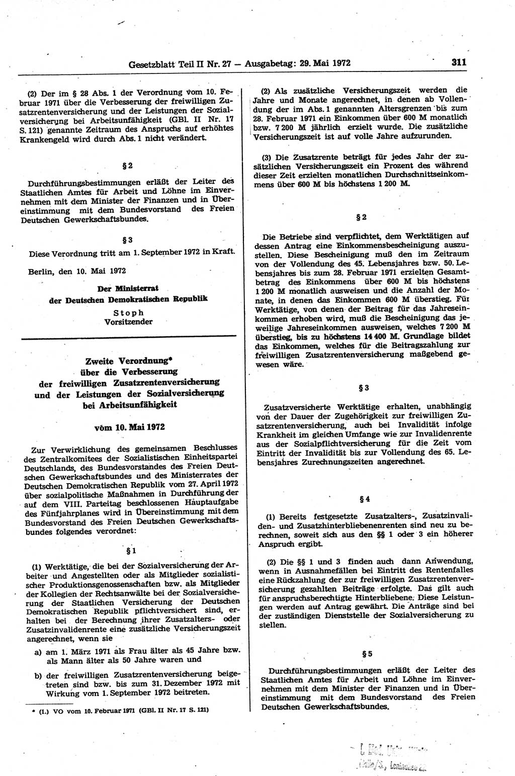 Gesetzblatt (GBl.) der Deutschen Demokratischen Republik (DDR) Teil ⅠⅠ 1972, Seite 311 (GBl. DDR ⅠⅠ 1972, S. 311)