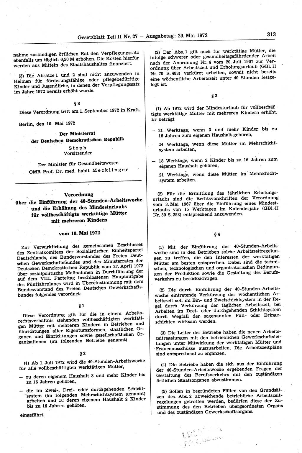 Gesetzblatt (GBl.) der Deutschen Demokratischen Republik (DDR) Teil ⅠⅠ 1972, Seite 313 (GBl. DDR ⅠⅠ 1972, S. 313)