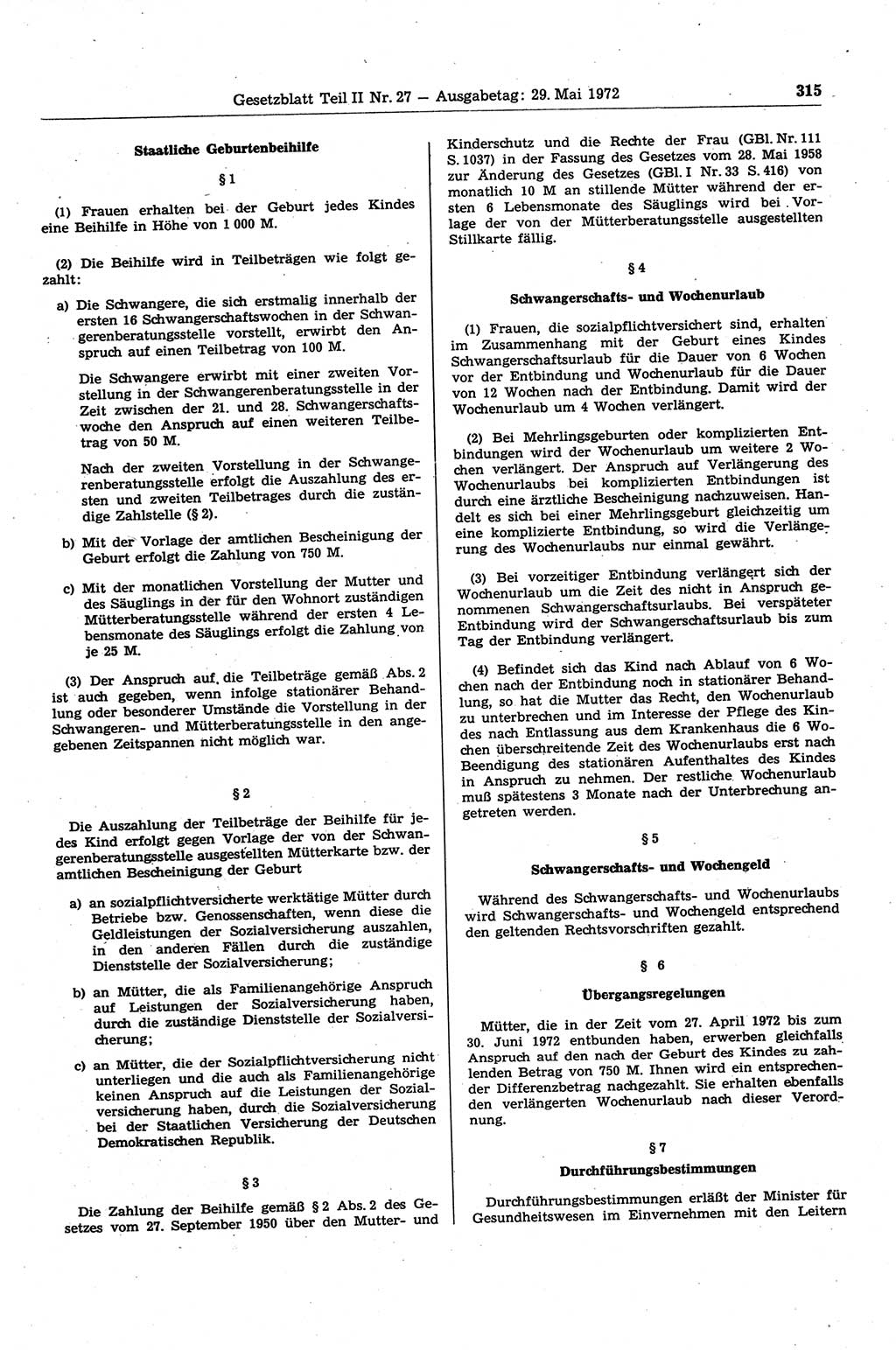 Gesetzblatt (GBl.) der Deutschen Demokratischen Republik (DDR) Teil ⅠⅠ 1972, Seite 315 (GBl. DDR ⅠⅠ 1972, S. 315)