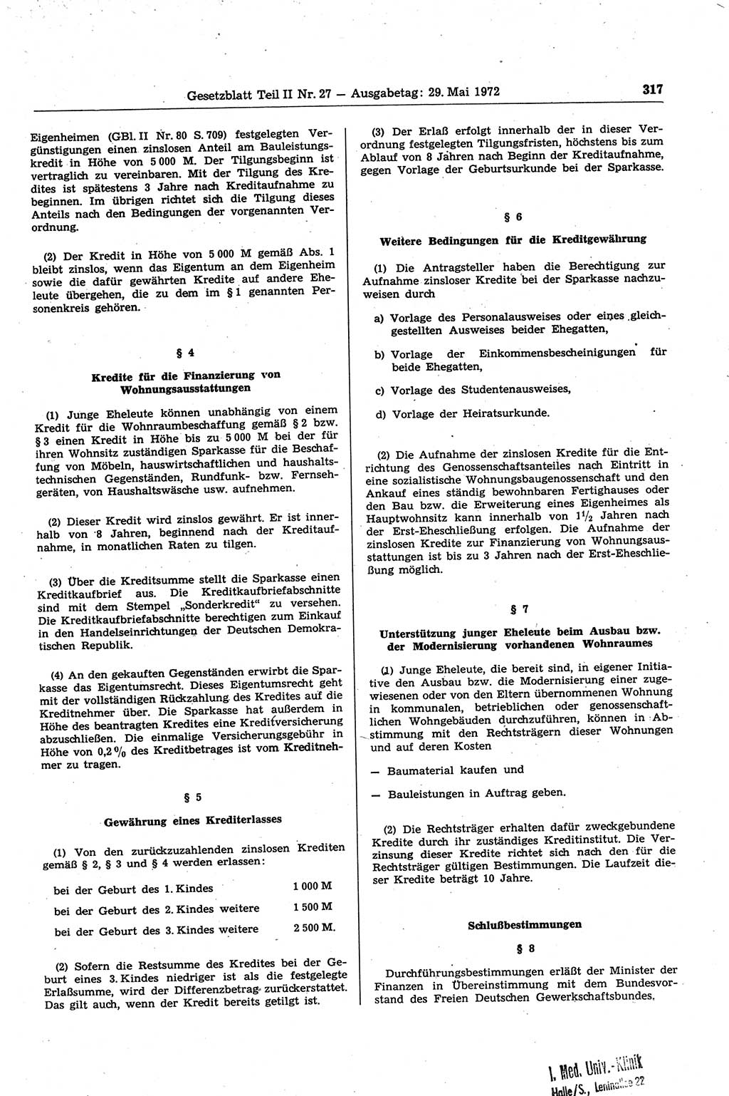 Gesetzblatt (GBl.) der Deutschen Demokratischen Republik (DDR) Teil ⅠⅠ 1972, Seite 317 (GBl. DDR ⅠⅠ 1972, S. 317)