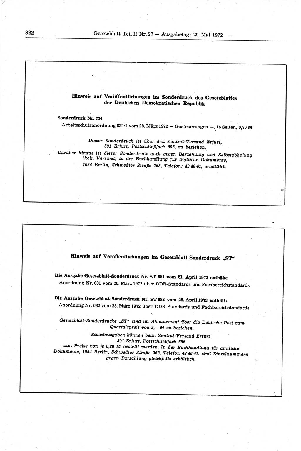 Gesetzblatt (GBl.) der Deutschen Demokratischen Republik (DDR) Teil ⅠⅠ 1972, Seite 322 (GBl. DDR ⅠⅠ 1972, S. 322)