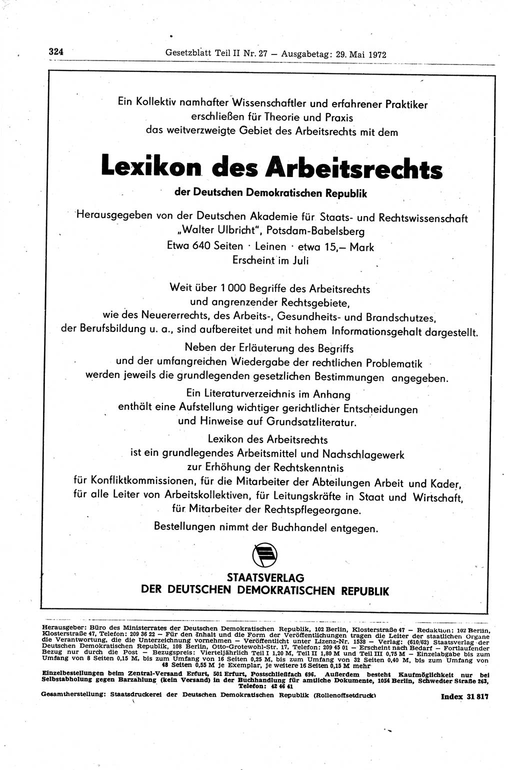 Gesetzblatt (GBl.) der Deutschen Demokratischen Republik (DDR) Teil ⅠⅠ 1972, Seite 324 (GBl. DDR ⅠⅠ 1972, S. 324)