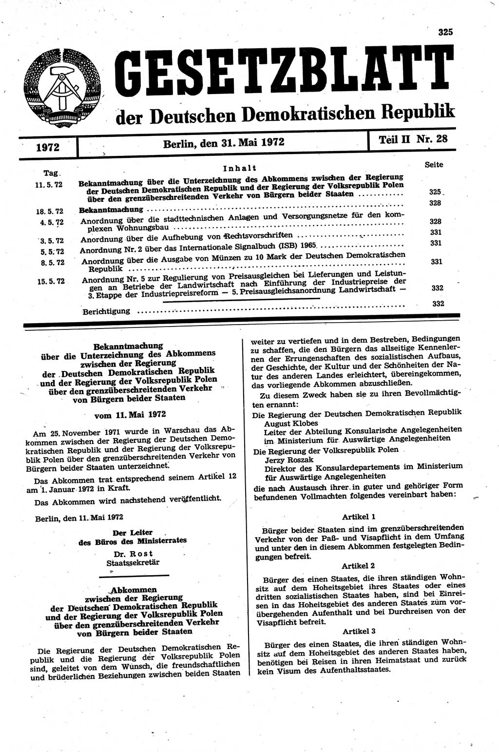 Gesetzblatt (GBl.) der Deutschen Demokratischen Republik (DDR) Teil ⅠⅠ 1972, Seite 325 (GBl. DDR ⅠⅠ 1972, S. 325)