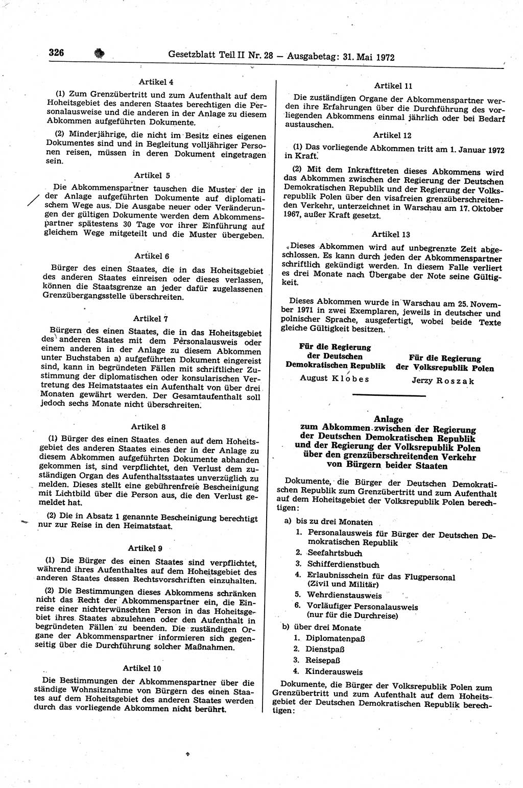 Gesetzblatt (GBl.) der Deutschen Demokratischen Republik (DDR) Teil ⅠⅠ 1972, Seite 326 (GBl. DDR ⅠⅠ 1972, S. 326)