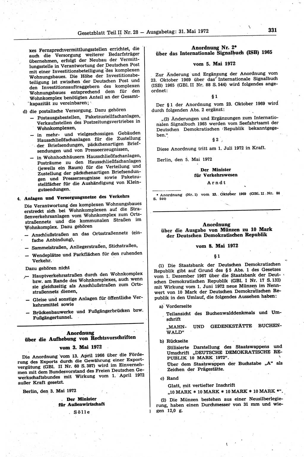 Gesetzblatt (GBl.) der Deutschen Demokratischen Republik (DDR) Teil ⅠⅠ 1972, Seite 331 (GBl. DDR ⅠⅠ 1972, S. 331)
