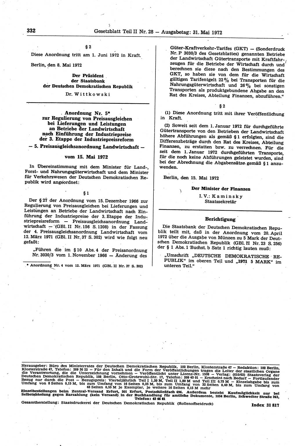 Gesetzblatt (GBl.) der Deutschen Demokratischen Republik (DDR) Teil ⅠⅠ 1972, Seite 332 (GBl. DDR ⅠⅠ 1972, S. 332)