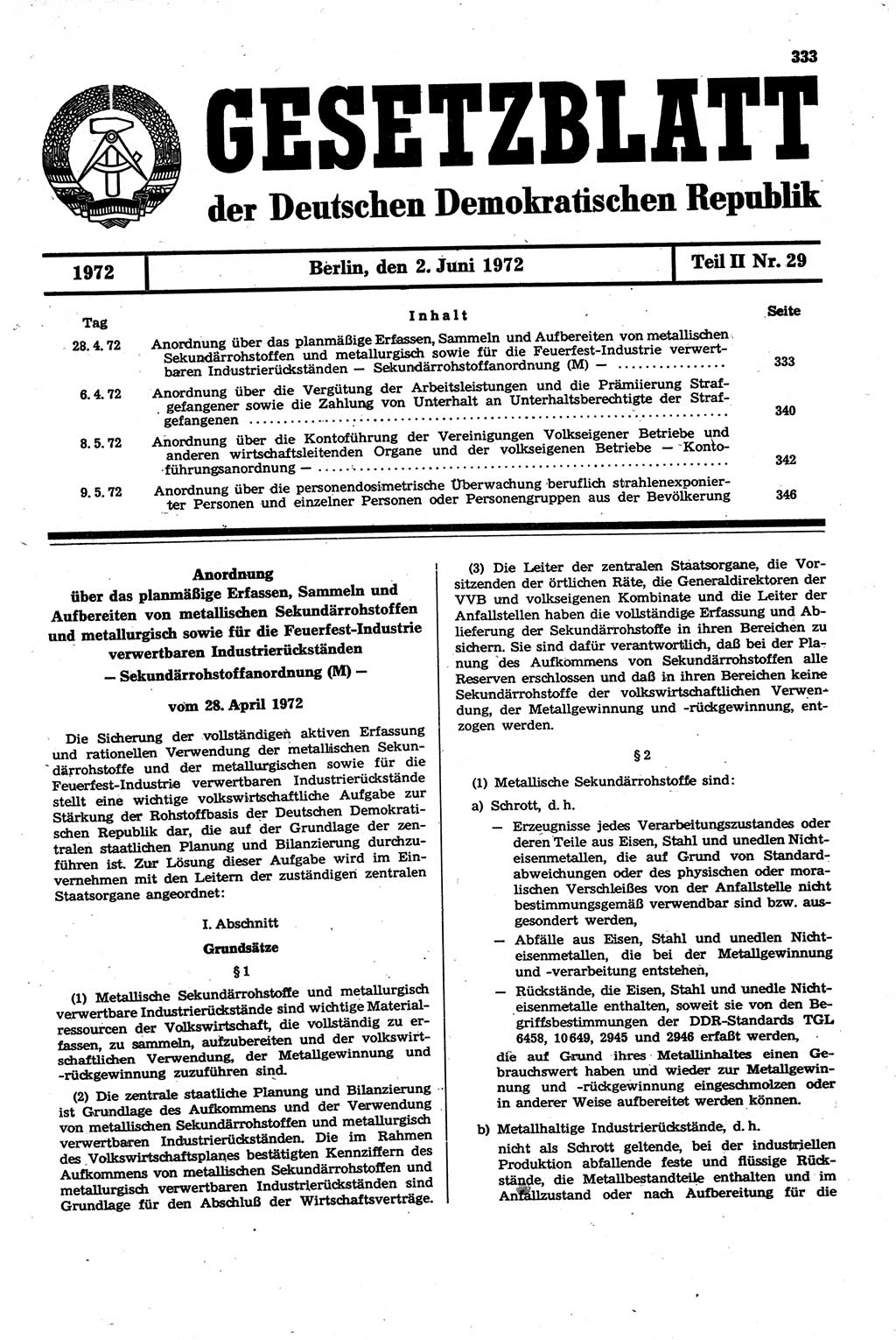 Gesetzblatt (GBl.) der Deutschen Demokratischen Republik (DDR) Teil ⅠⅠ 1972, Seite 333 (GBl. DDR ⅠⅠ 1972, S. 333)