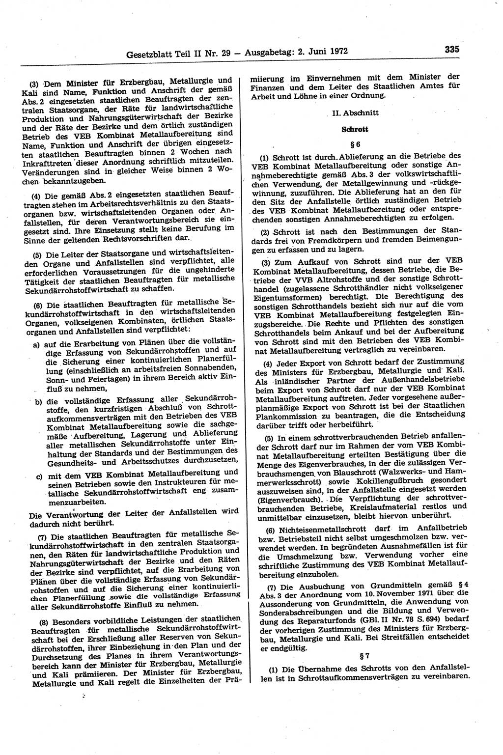 Gesetzblatt (GBl.) der Deutschen Demokratischen Republik (DDR) Teil ⅠⅠ 1972, Seite 335 (GBl. DDR ⅠⅠ 1972, S. 335)