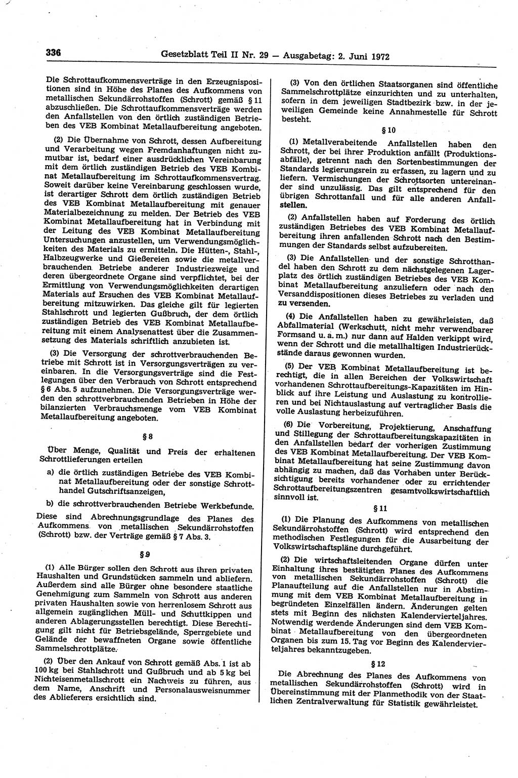 Gesetzblatt (GBl.) der Deutschen Demokratischen Republik (DDR) Teil ⅠⅠ 1972, Seite 336 (GBl. DDR ⅠⅠ 1972, S. 336)