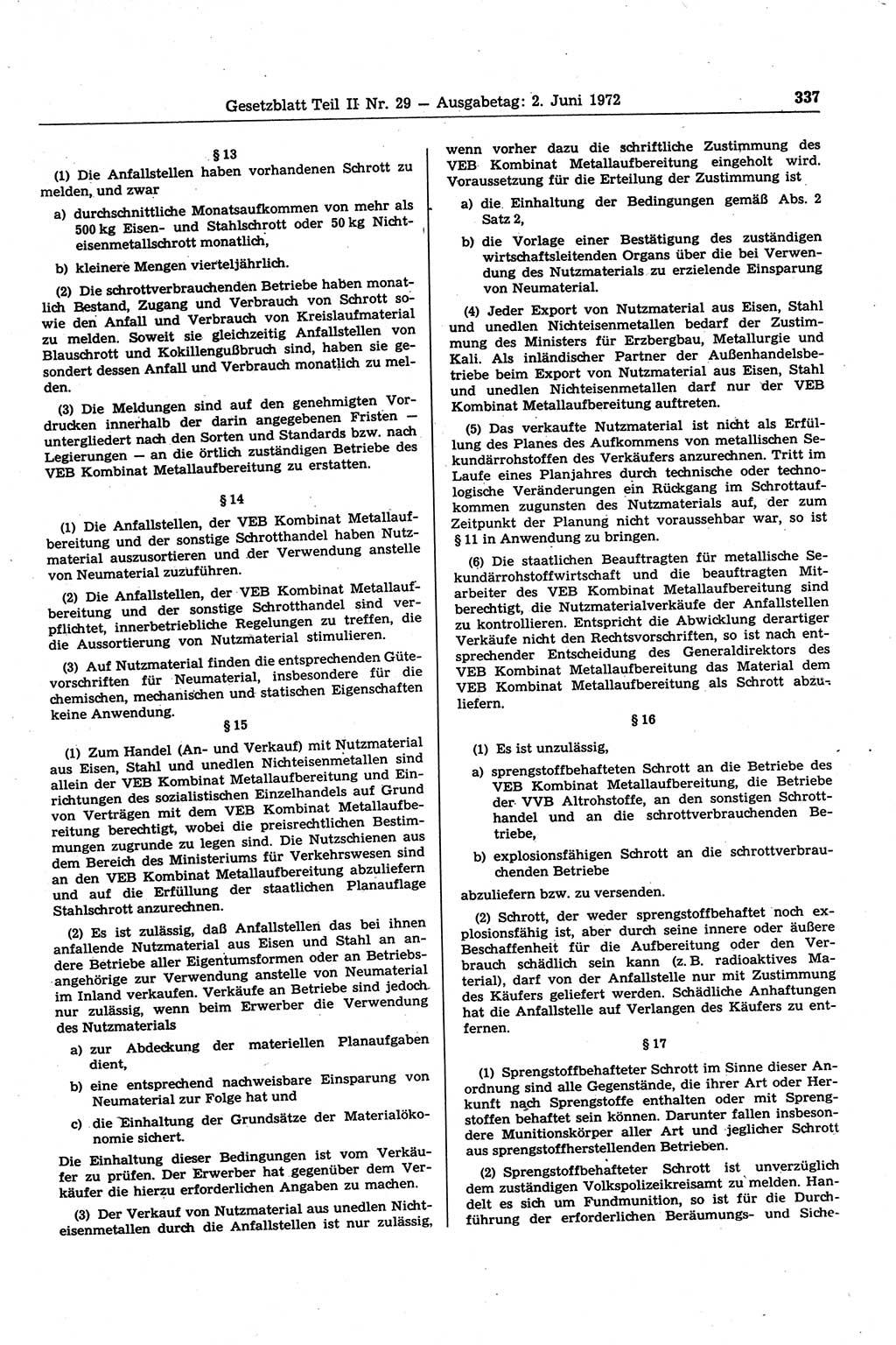 Gesetzblatt (GBl.) der Deutschen Demokratischen Republik (DDR) Teil ⅠⅠ 1972, Seite 337 (GBl. DDR ⅠⅠ 1972, S. 337)