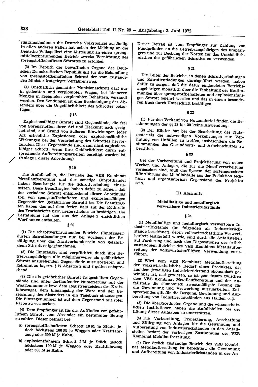 Gesetzblatt (GBl.) der Deutschen Demokratischen Republik (DDR) Teil ⅠⅠ 1972, Seite 338 (GBl. DDR ⅠⅠ 1972, S. 338)