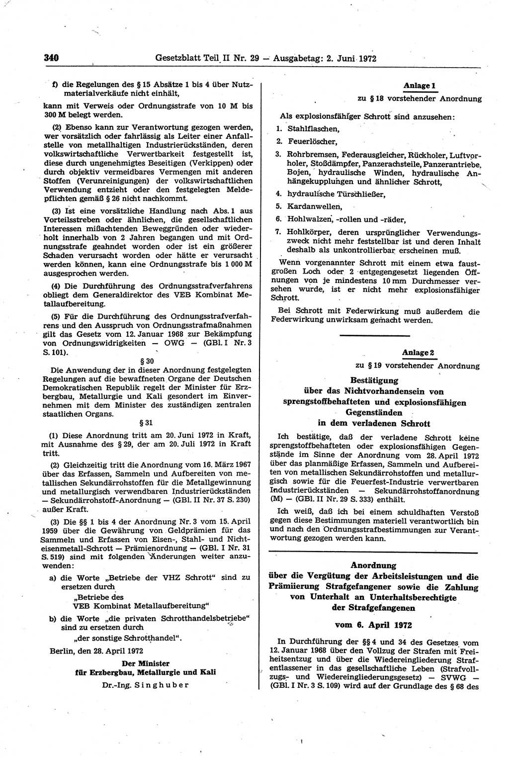 Gesetzblatt (GBl.) der Deutschen Demokratischen Republik (DDR) Teil ⅠⅠ 1972, Seite 340 (GBl. DDR ⅠⅠ 1972, S. 340)