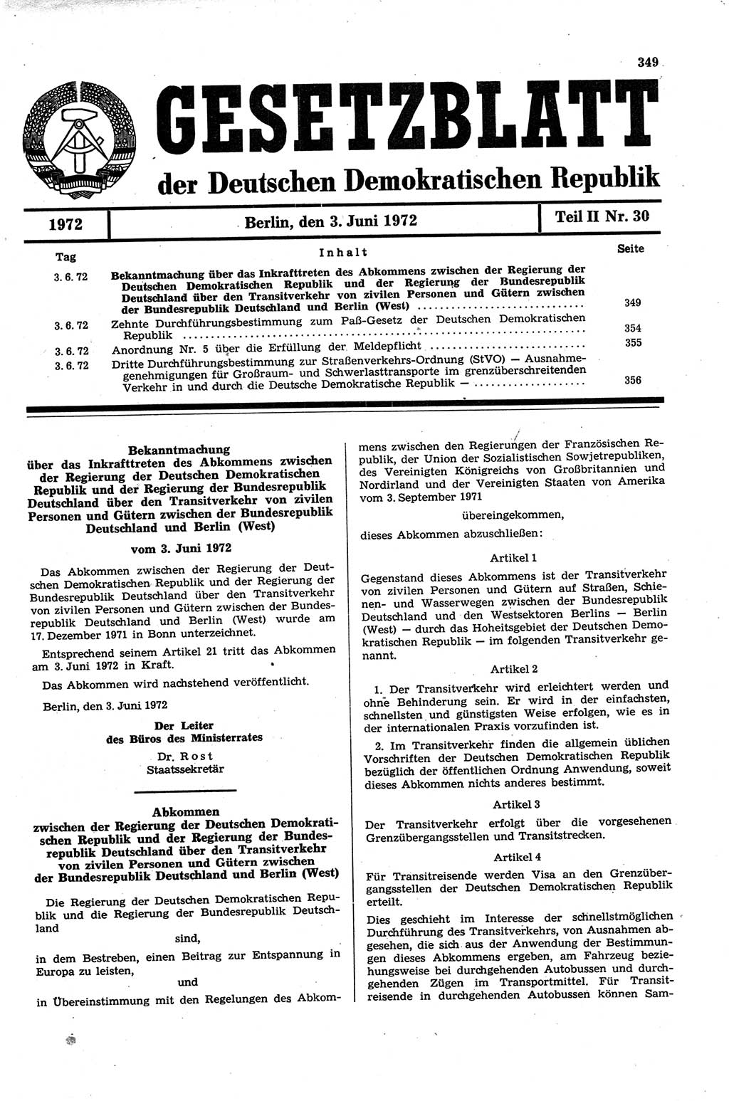 Gesetzblatt (GBl.) der Deutschen Demokratischen Republik (DDR) Teil ⅠⅠ 1972, Seite 349 (GBl. DDR ⅠⅠ 1972, S. 349)