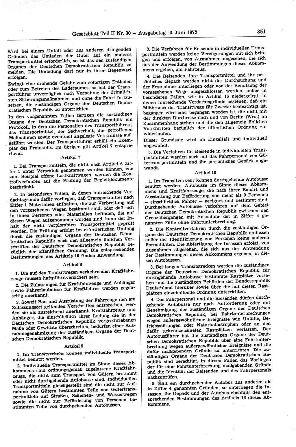 Gesetzblatt (GBl.) der Deutschen Demokratischen Republik (DDR) Teil ⅠⅠ 1972, Seite 351 (GBl. DDR ⅠⅠ 1972, S. 351)