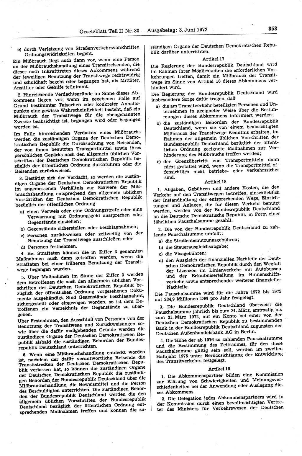 Gesetzblatt (GBl.) der Deutschen Demokratischen Republik (DDR) Teil ⅠⅠ 1972, Seite 353 (GBl. DDR ⅠⅠ 1972, S. 353)